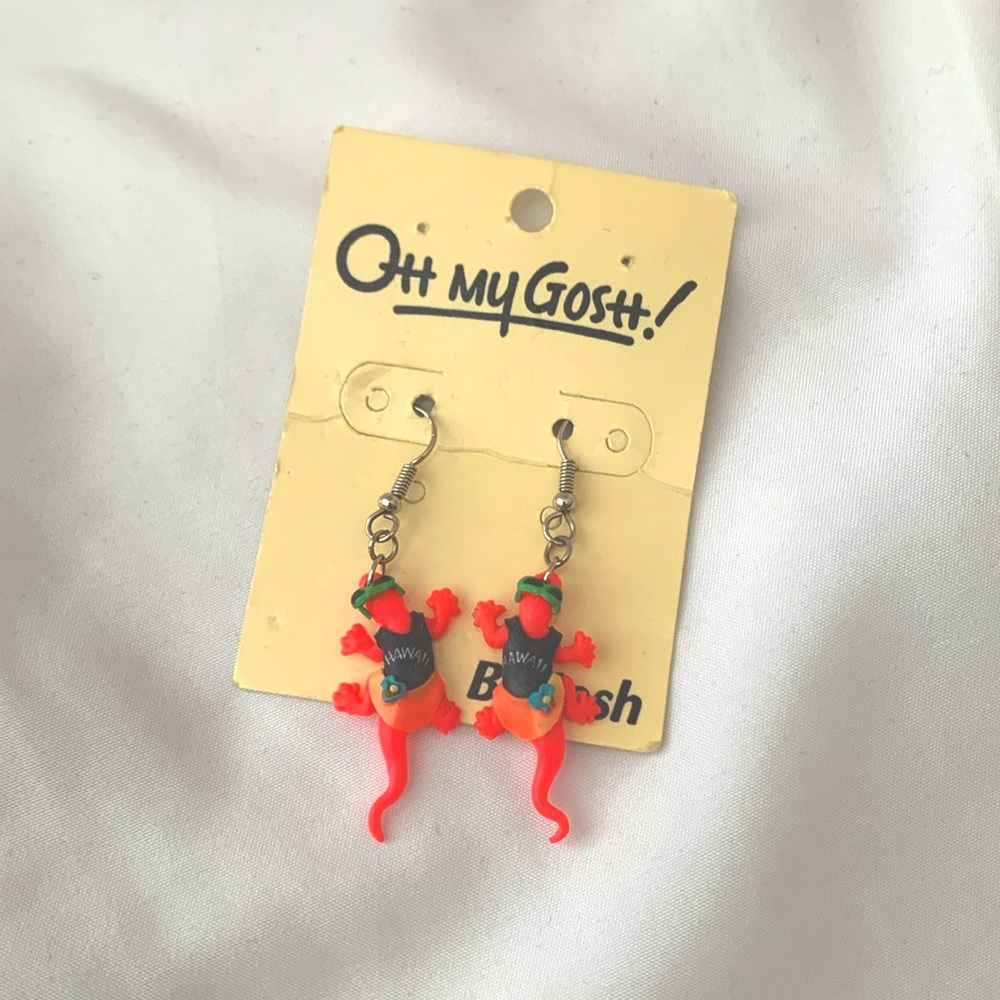 Vintage Hawaiian Women's Pink Gecko Lizard Dangle Drop Earrings